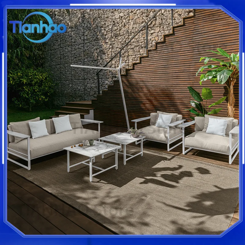 Outdoor Sofa Set for Aluminum Patio Furniture Waterproof UV-Resistant Leisure Outdoor Stone Top Coffee Table Set