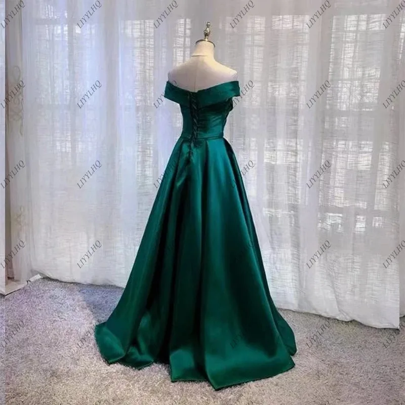 Elegant Off-Shoulder Emerald Green Prom Dresses Lace Up Women Charming Formal Evening Gowns Classic Wedding Guest Party Dress