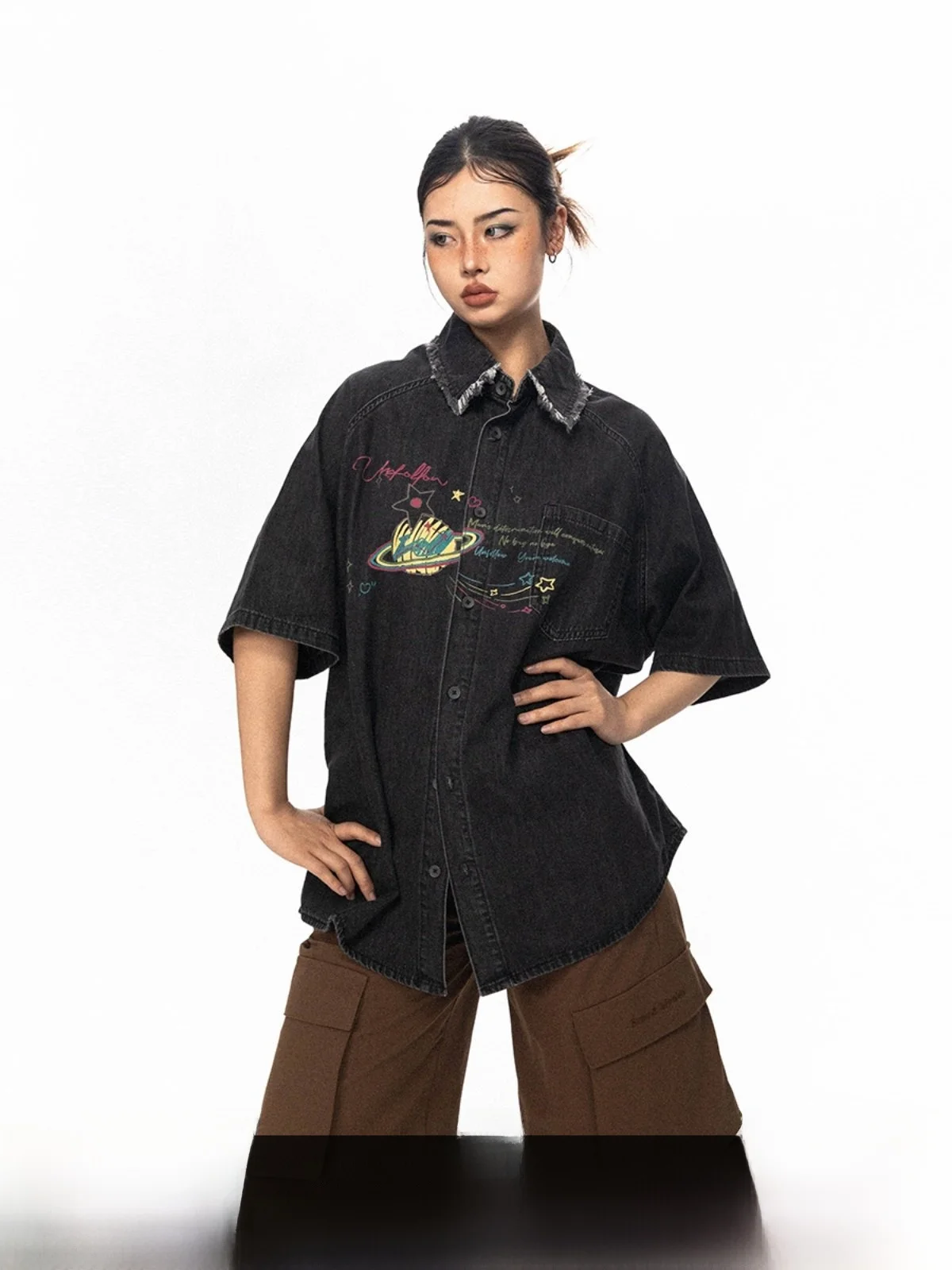 

Женская летняя рубашка Blabb в американском ретро-стиле с эффектом потертости, джинсовым принтом, коротким рукавом, оверсайз, свободного кроя, в уличном стиле, с отложным воротником