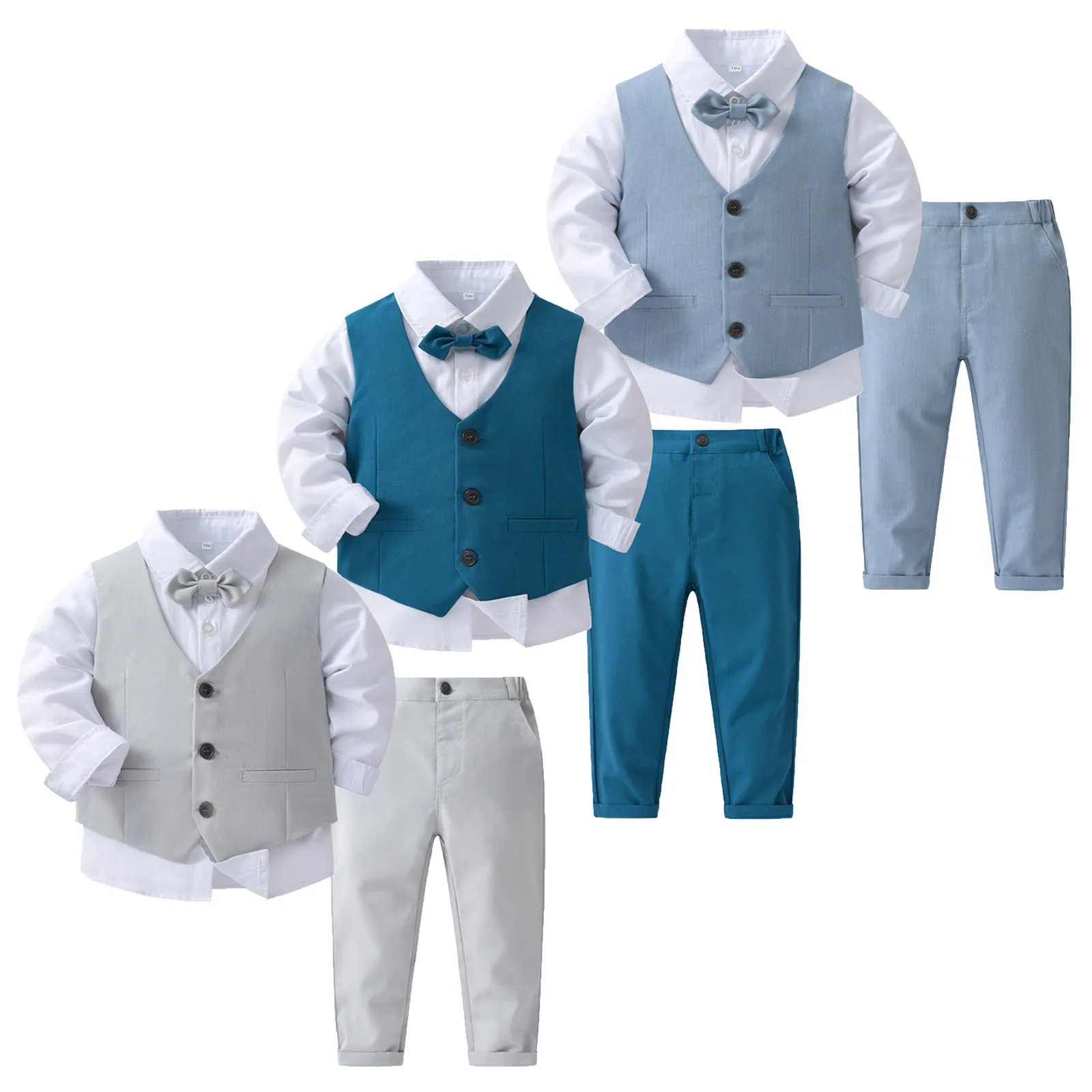 Fomal Gentleman Boy Tuxedo Bow Tie Shirt Suit Vest Pants 4 Pcs Chic Toddler Baby Clothes Gentleman Outfit for Baptism Birthday