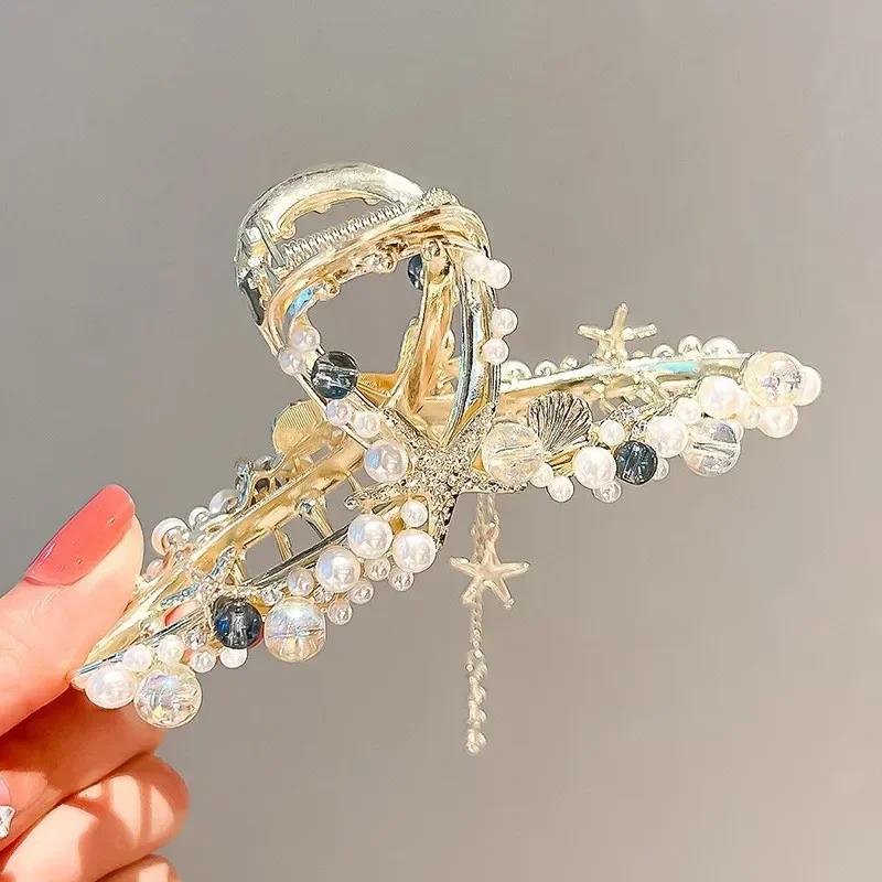 

Fashionable Pearl Tassel Flower Large Clamshell China-Chic Temperament Beijing Opera Hairpin Han Suit Back Head Shark Clip