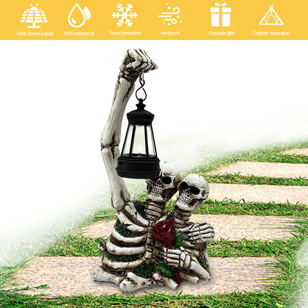 Halloween Solar Death Skull Figurine with Lantern Scary Skull Ornament Waterproof Rose Skeleton Sculpture Halloween Decoration