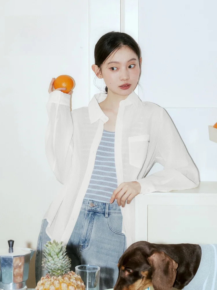 

Indicia Summer 2026 Women's Casual Style Blue White Shirt Lenzing Lyocell Fabric Regular Fit Long Sleeve Button up Shirt