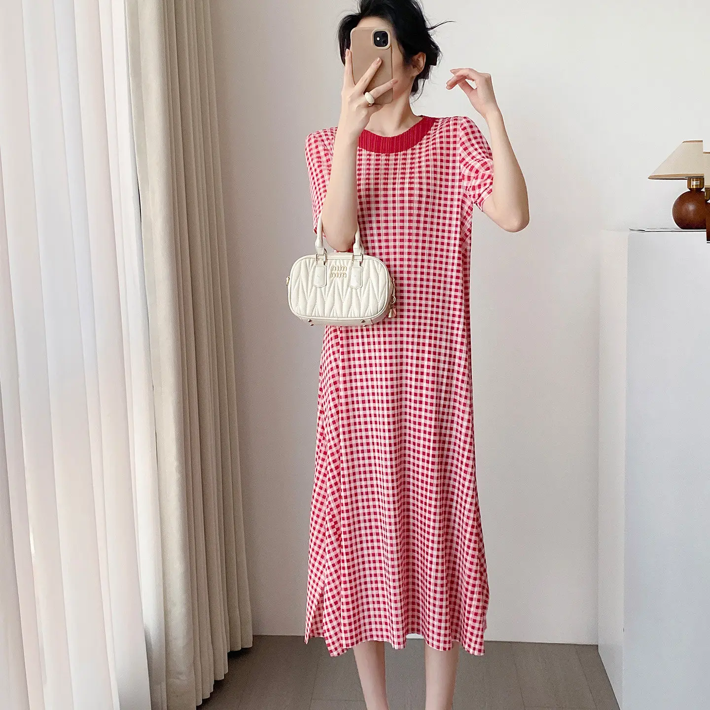 

Miyake Folds 2026 Spring and Summer New Rustic Style Red Plaid Dress Women Short-sleeved Waisted Fashion Temperament Long Skirt