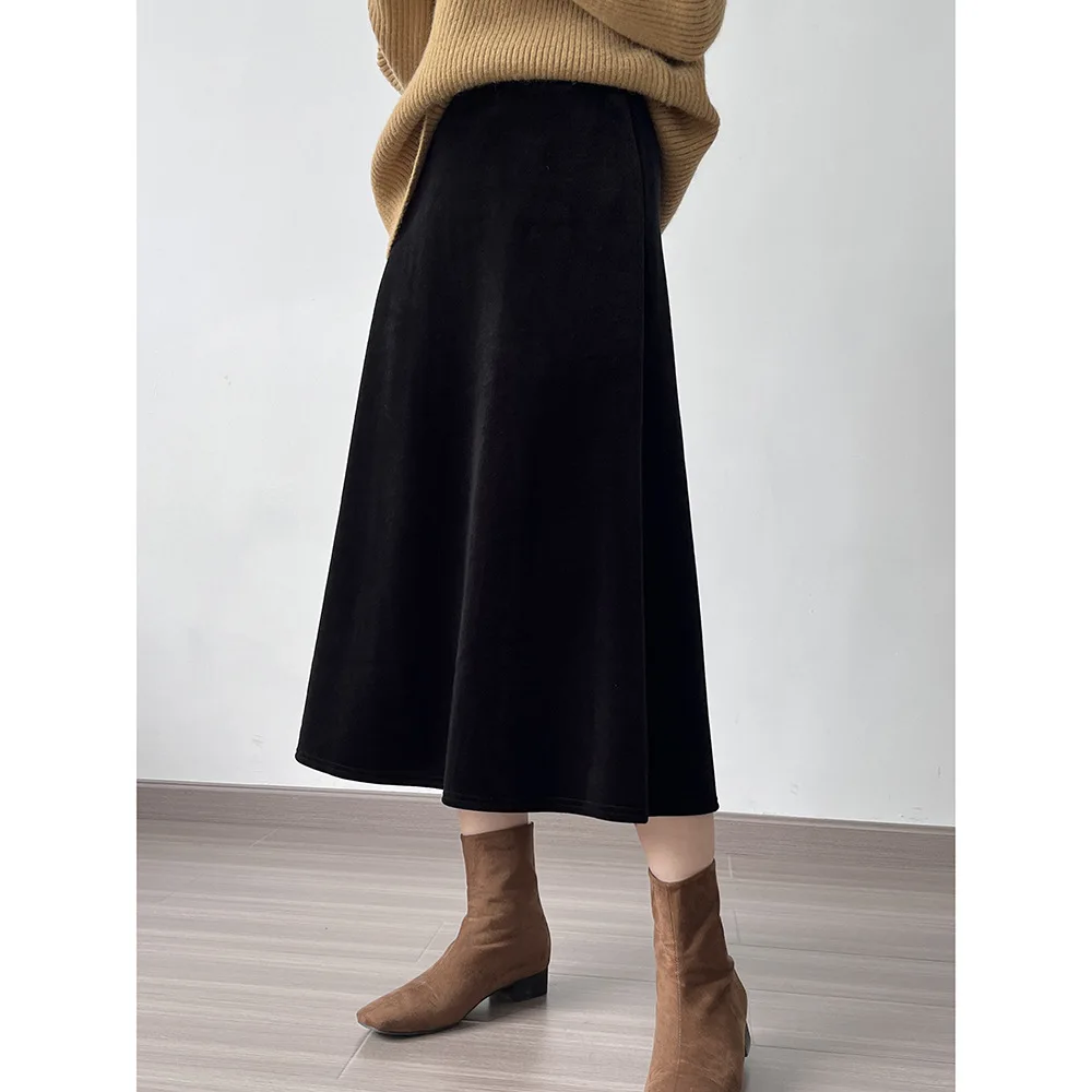 

Women Long Thick Velvet Skirt Autumn Winter High Waist Female Korean Fashion Elegant Black A-line Skirt 6Z