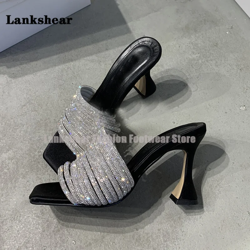 Summer Colorful Rhinestone Slippers for Women Sexy Stiletto High Heel Peep Toe Plus Size Sandals Slides Mid Heel Mules Shoes