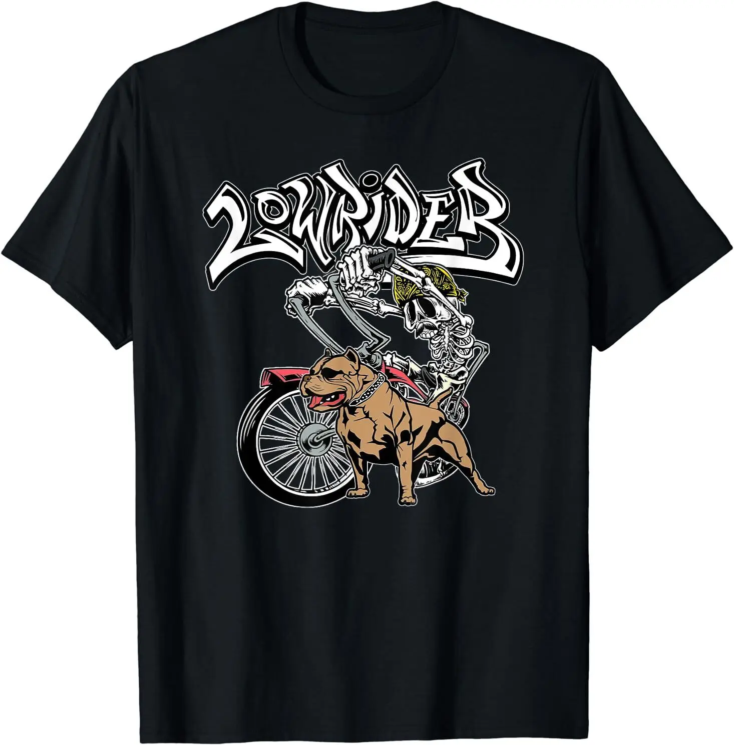 Men's Lowrider, Pitbull. Chicano Cholo Skull Lowrider Bike T-Shirt Size S-5XL