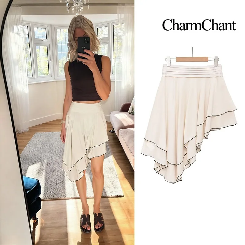 

Женская бежевая юбка миди CHARMCHANT с контрастной отделкой, завышенной талией, драпировкой и асимметричным подолом с оборками, элегантная повседневная летняя юбка 2026