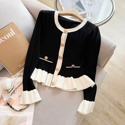 Flare Sleeve Ruffles Short Cardigans Korean Fashion Vintage Autumn Winter Women Sweaters Sweet Slim Ropa De Mujer