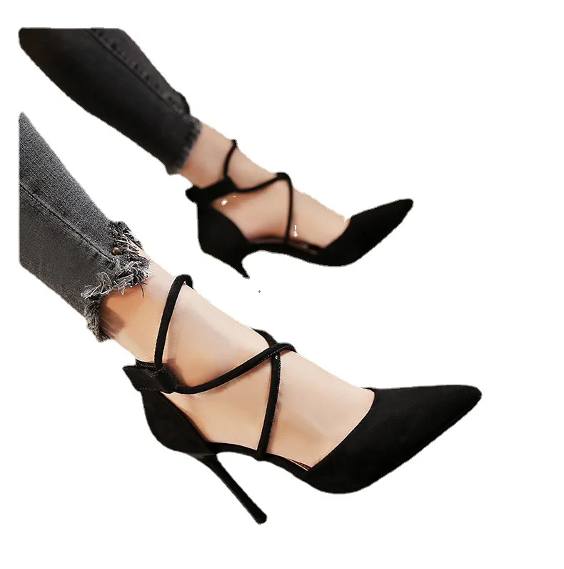 2021 Summer European and American Suede Pointed Cross Toe Strap High Heel Shoes Women\'s Banquet Nightclub Sexy Thin Heel Sandals