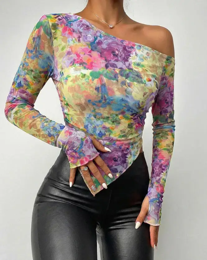 

Top Women New Tie Dye Floral Print Skew Neck Long Sleeve Asymmetrical Hem Slim Fit Sheer Mesh Top with Thumb Hole Cuffs & Lining