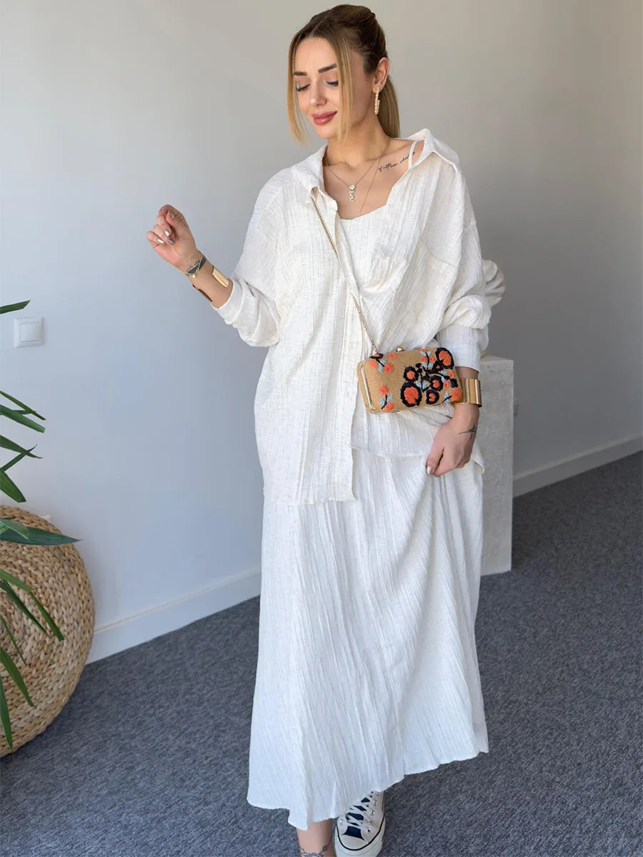 

Faionable Loose irt Top And Csole Skirt Set Women's Summer Outfit Long Sve Collar Button Closure Polyester Set