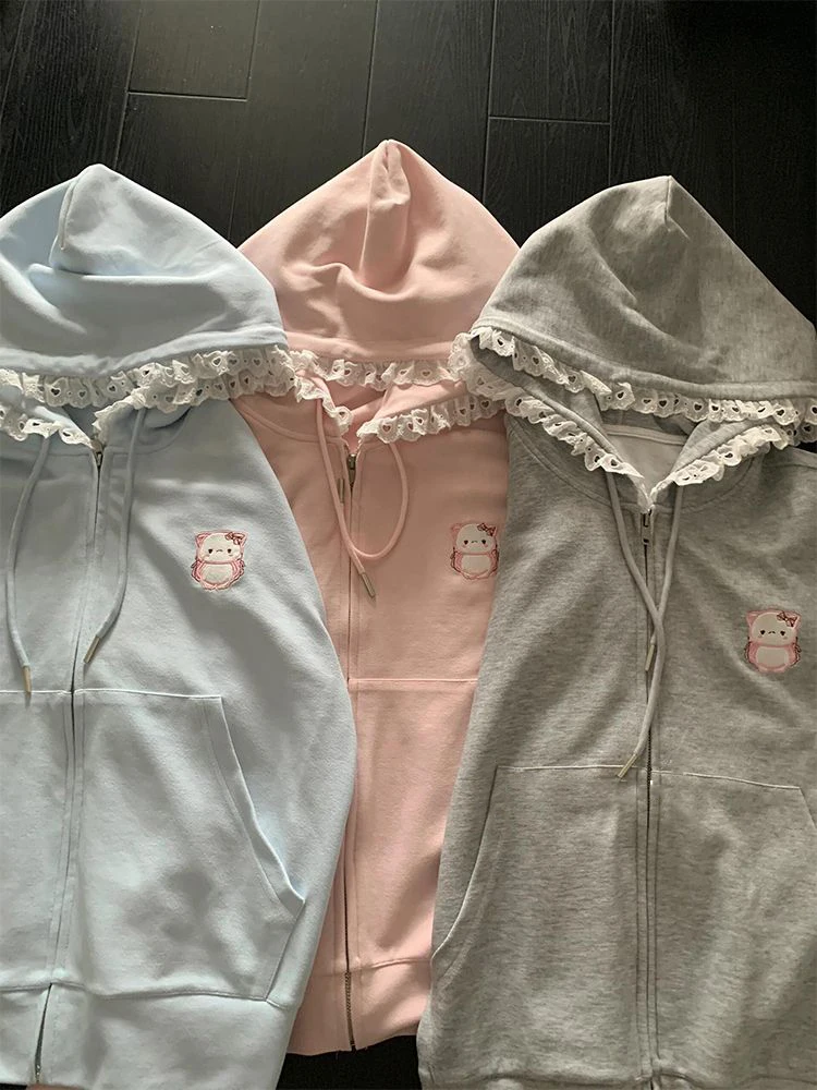 Jaket Hoodie bordir kucing lucu wanita, mantel Fashion longgar ritsleting saku musim dingin manis perca renda Y2K 2024 baru