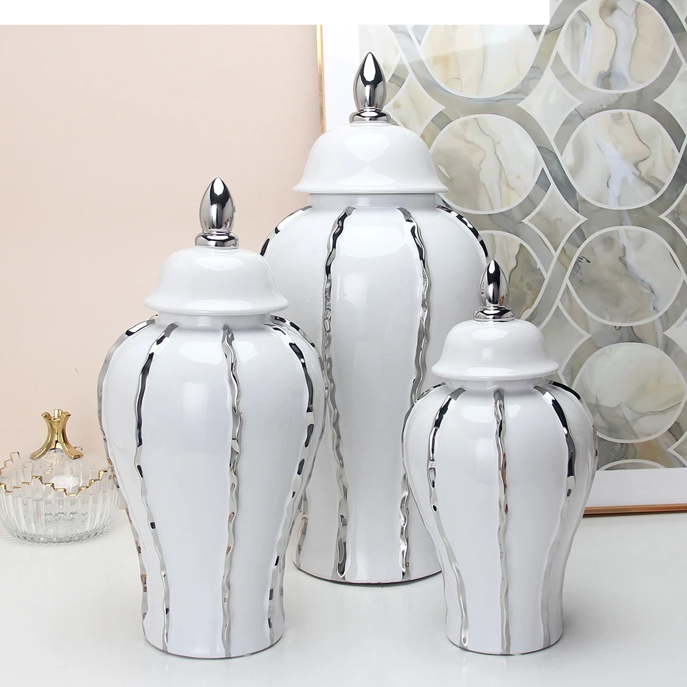 Ceramic General Silver Stripes with Raised Grain Porcelain Ginger Pot  Flower Vase Home Arts and Crafts Decorations