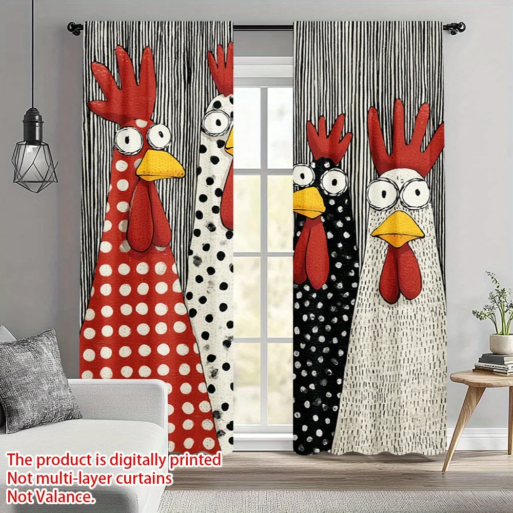 Funny Chicken Curtains, Cartoon Rooster Graphic Window Drapes, Farmhouse Kitchen Decor, Blackout Fabric for Dining Room