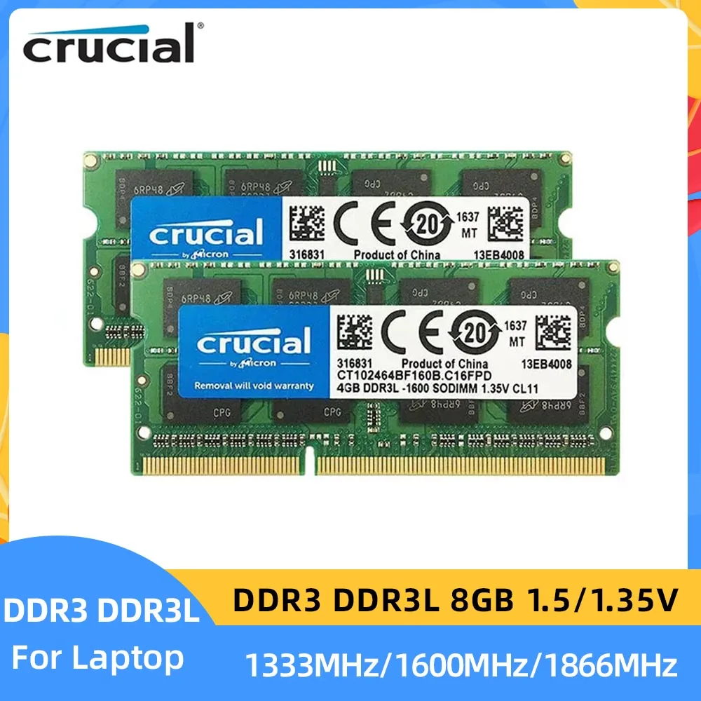 Crucial-memoria RAM DDR3 DDR3L, 8GB, 1600MHz, 1333MHz, 1866MHz, SODIMM, PC-10600, 12800, 14900, 1,5 V, 1,35 V, 204 Pines, para ordenador portátil y