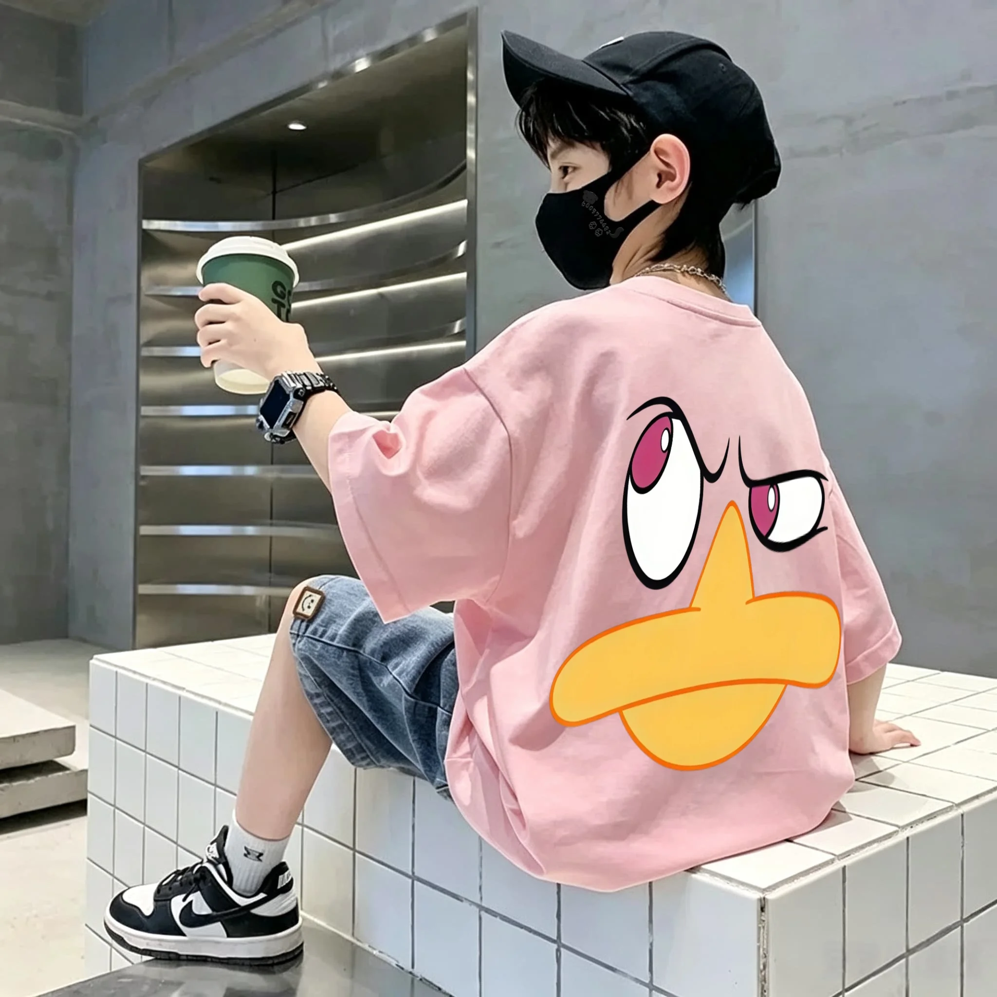 Best-selling animal cartoon duck double-sided printed children's pure cotton T-shirt. Latest style round-neck short-sleeved top.
