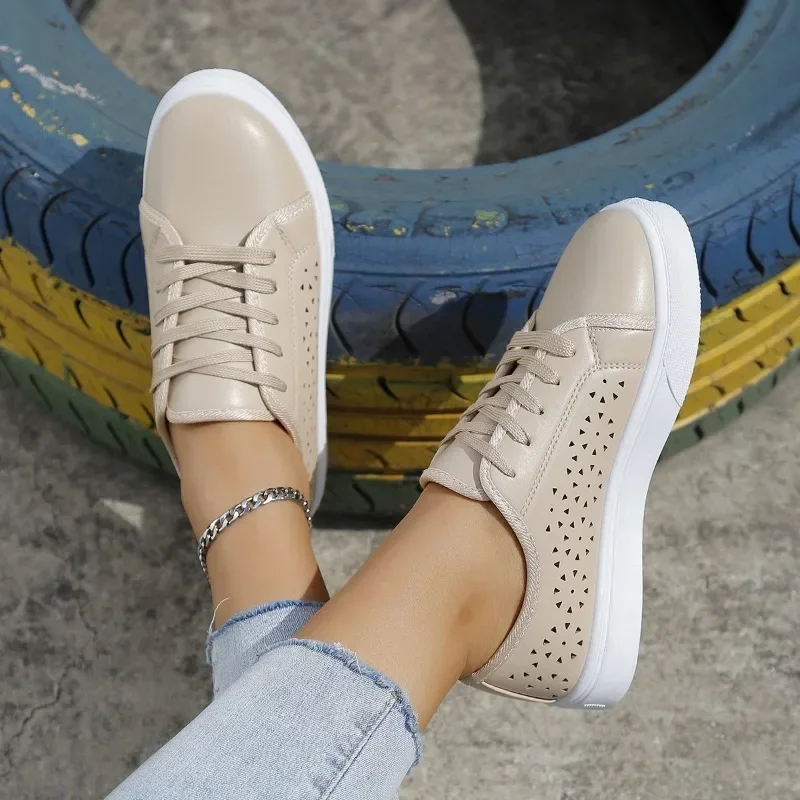 Women Shoes Fashion Summer Casual White Shoes Cutouts Lace Canvas Hollow Breathable Platform Flat Shoes Woman Sneakers