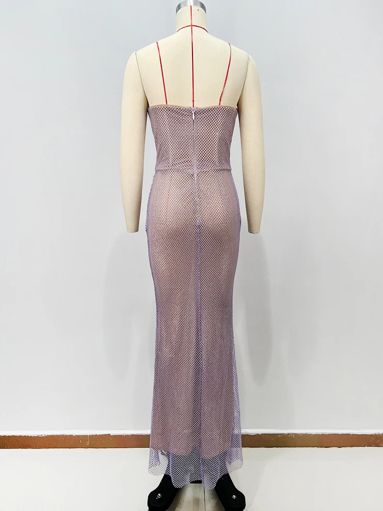 女性用ダイヤモンド装飾シアーマキシドレス、カットアウトディテール、ストラップレス、バックレス、ファッションイベント、パーティードレス、2025年、ベスティドス