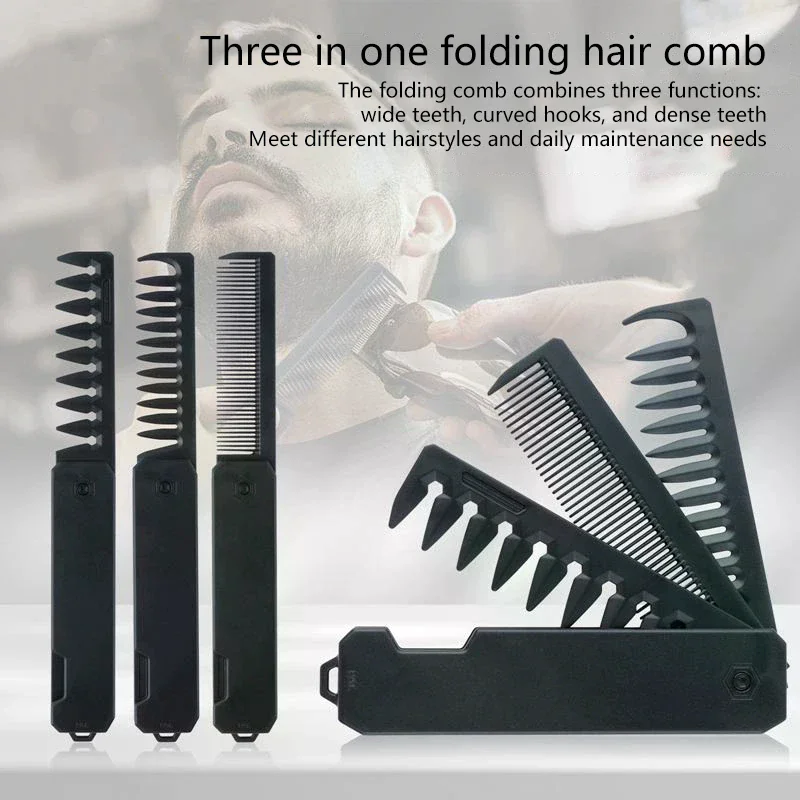 Professional 3 In 1 Pocket Folding Wide Tooth Comb Men Oil Head Beard Grooming Salon Hair Styling Tools