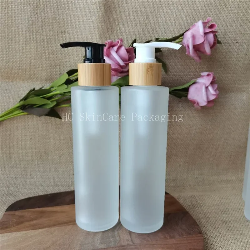

Wholesale travel Empty Bottles White/Black Bamboo Cap Lid Lotion Pump Glass Bottles Luxury Cosmetic Container Packaging bottle