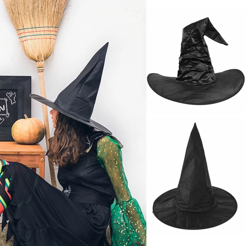 Halloween Witch Hat Unisex Balck Folds Wizard Peaked Cap Adult Halloween Party Cosplay Cap Headgear Festival Props Decor Supplie