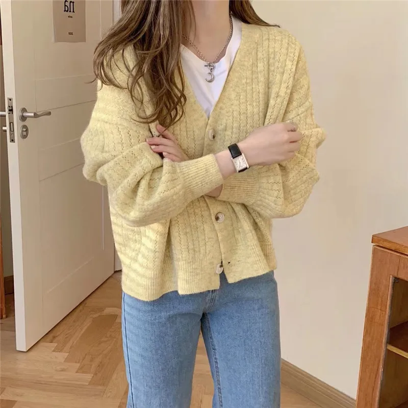 Cardigan Women Sweater 2025 New V Neck Button Lantern Sleeve Milk Blue Striped Loose Knitted Top women's Sweater Clothing
