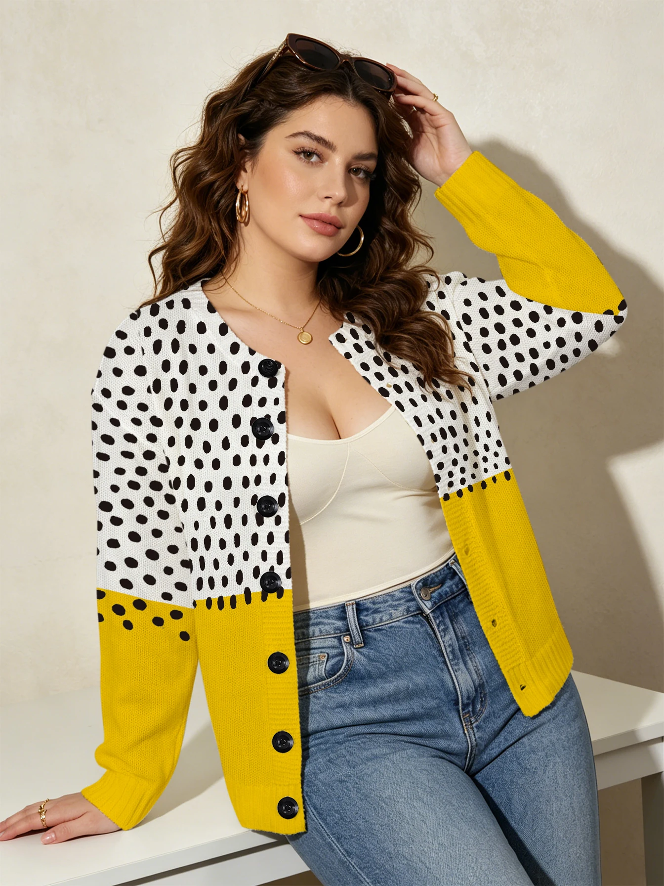 Women's Cardigan Knit Top, Thin Style for Autumn and Winter, Yellow and White Color-Blocked Polka Dot Pattern, Non-Positioned Print, American Retro Casual Style, Suitable for Everyday Casual Wear