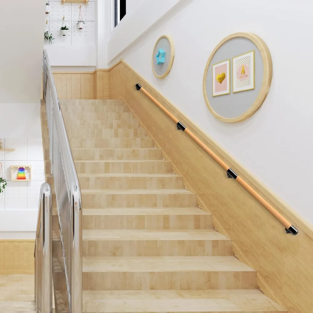 درابزين درج داخلي بطول 3-10 أقدام، مثبت على الحائط الخشبي، دعامات معدنية، قبضة مريحة غير قابلة للانزلاق، أمان ودعم للسلالم #2