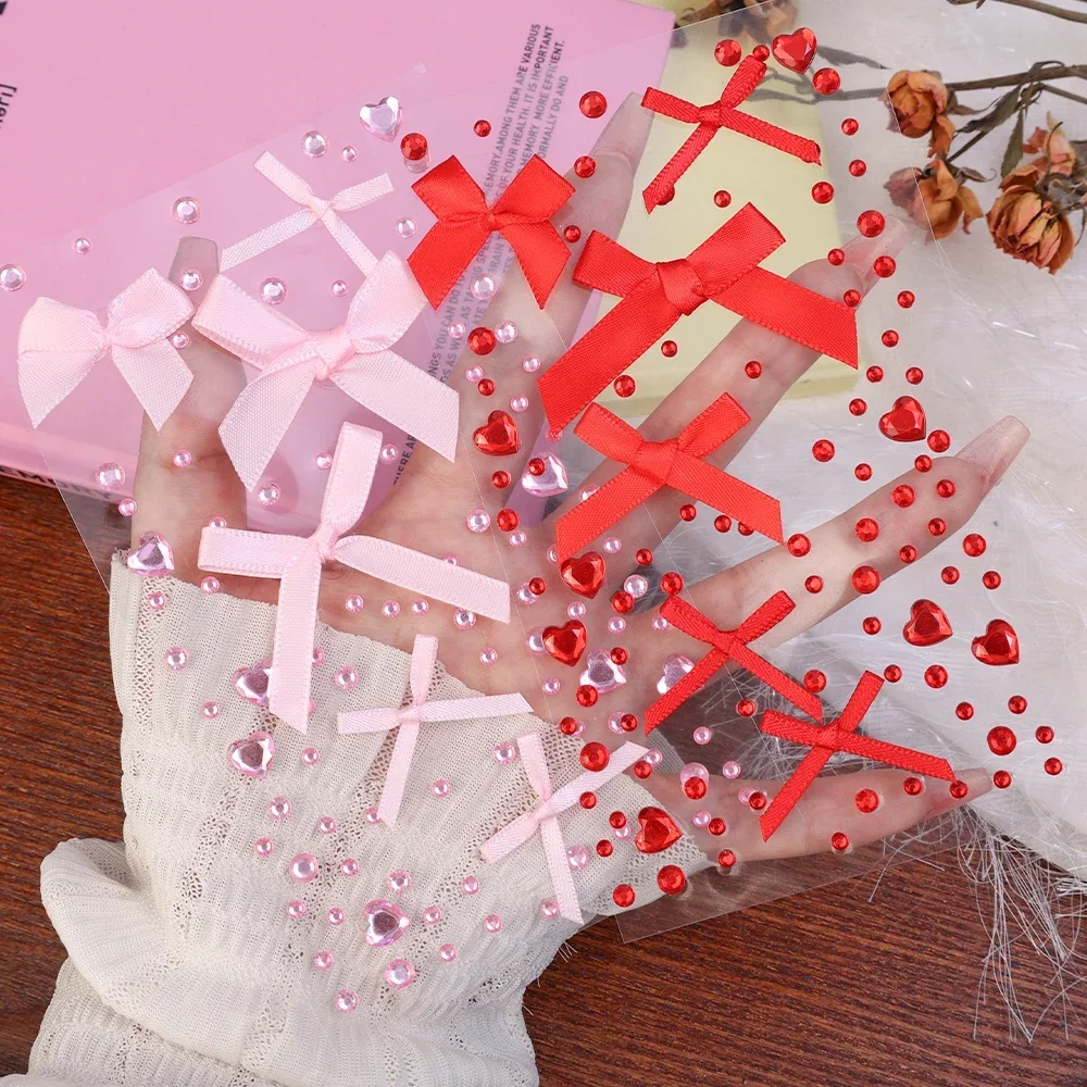 Red Pink Bow Ribbon Acrylic Rhinestone Temporary Tattoos DIY Eyes Face Makeup Sticker Self Adhesive Party Festival Decorate Tool