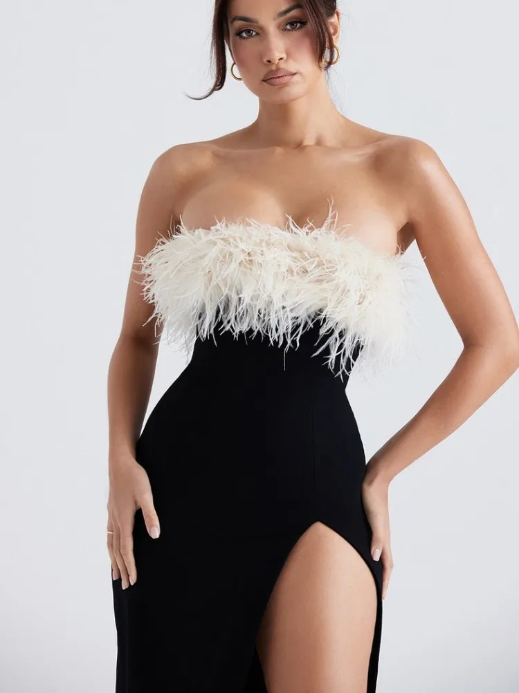 2025 Abito da donna sexy senza spalline in piume patchwork con spacco alto nero midi aderente con fasciatura estiva Abito da sera elegante da club