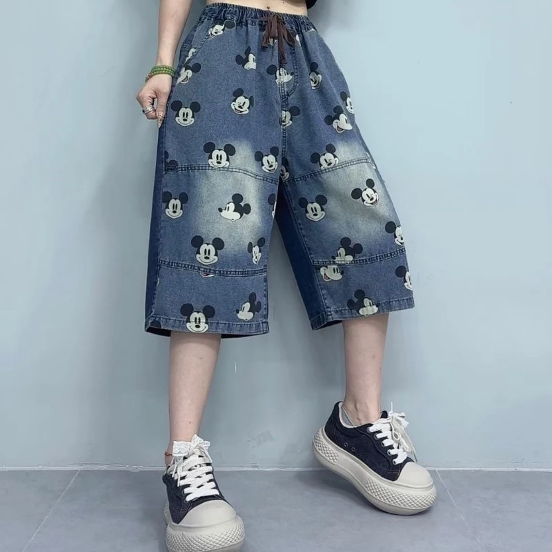 

Women's Vintage Mickey Printed Denim Shorts, Summer Cartoon Loose Harem Jeans, Slim Fit Casual Niche Trendy Bottoms