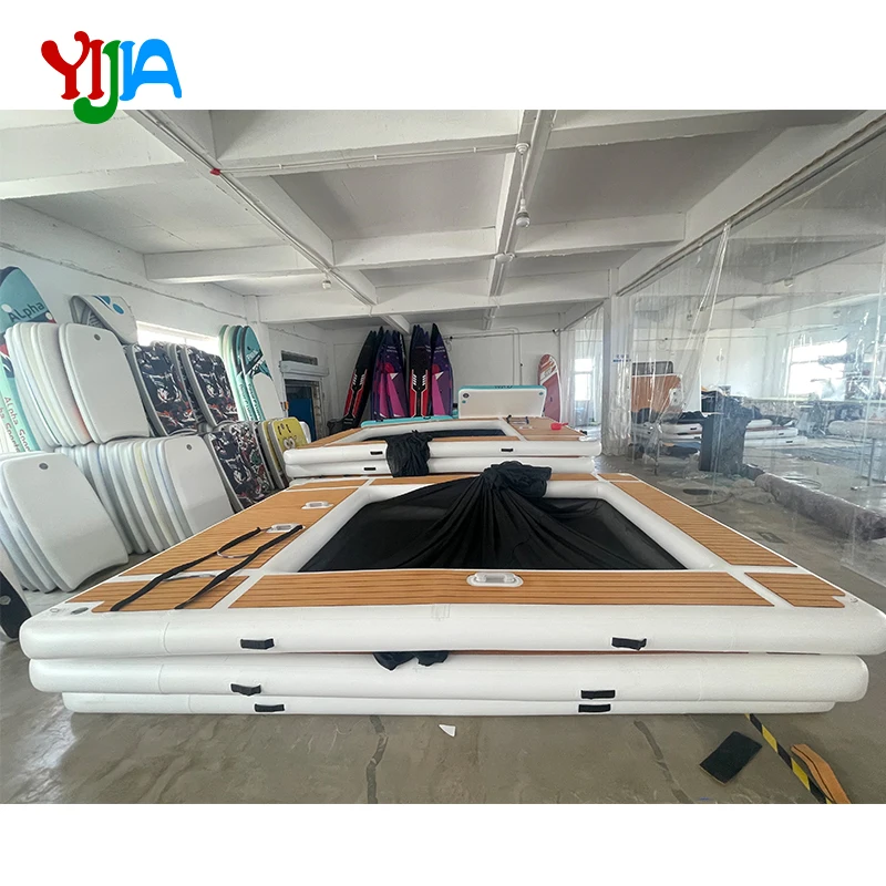 米国在庫インフレータブルフローティングスイミングプールインフレータブルドックフローティングプラットフォーム13x10フィートインフレータブル海プールヨットボート用ネット付き