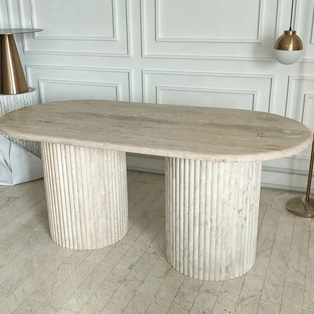 OEM Modern Natural Marble Stone Matte Turkey Beige Travertine Round Coffee Table with Cylinder Plinth Travertino Console Table