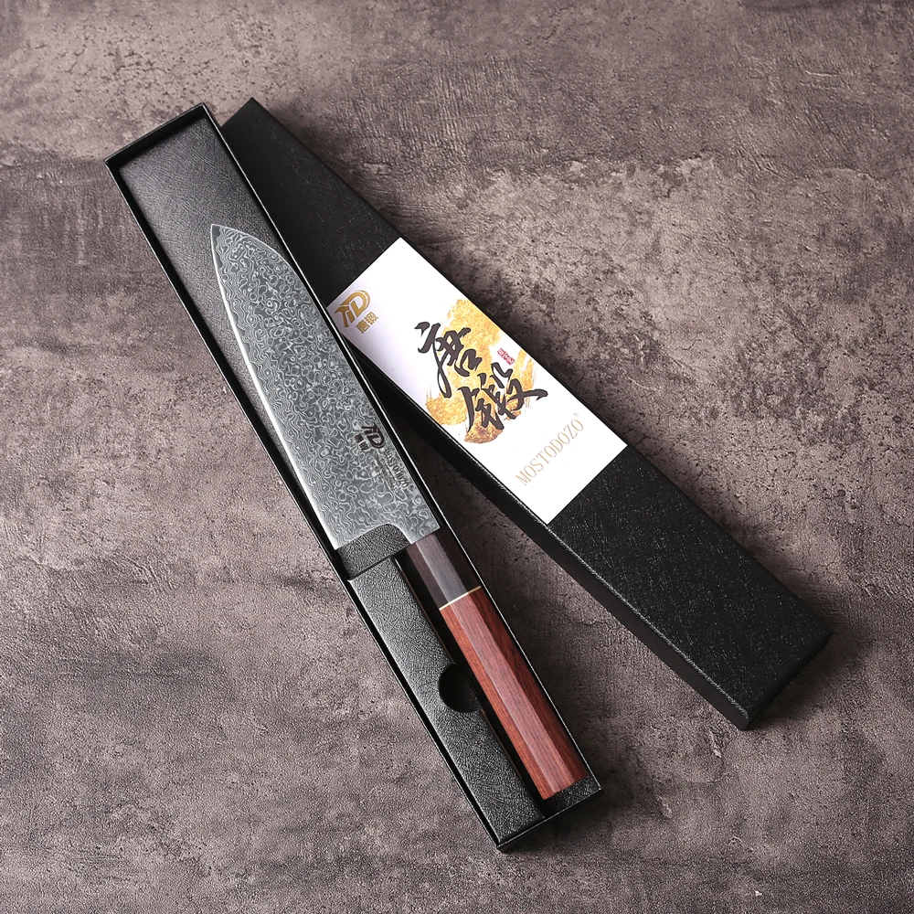 Cuchillo Santoku Profesional MOSTODOZO de 7 Pulgadas, Hecho a Mano en Japón, con 67 Capas de Acero de Damasco, para Cocina