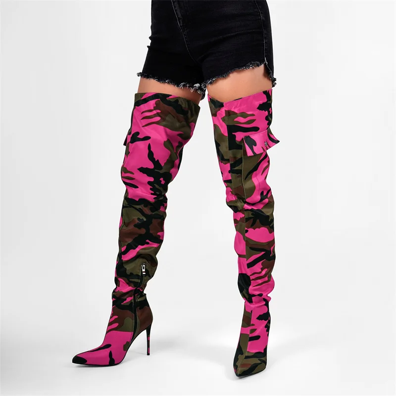 Onlymaker Womens  Camouflage Over The Knee Boots Thin Heel Pointy Colorful Print Mixed Colors  Thigh High Boots