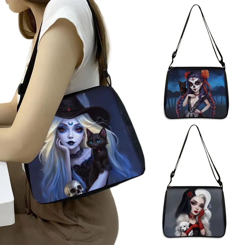 Fantasy Witch Black Cat Print Shoulder Bag Women Handbags for Travel Fairy Gothic Girls Phone Purse Holder Harajuku Shopper Bags