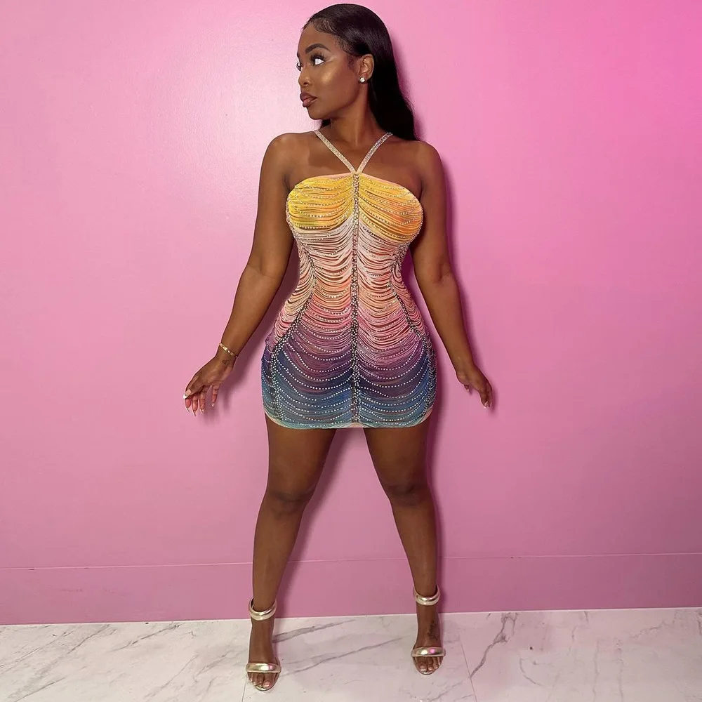 

HLJ Fashion Gradient Printing Ruched Halter Bodycon Mini Dresses Women Sleeveless Backless Rhinestone Slim Party Club Vestidos