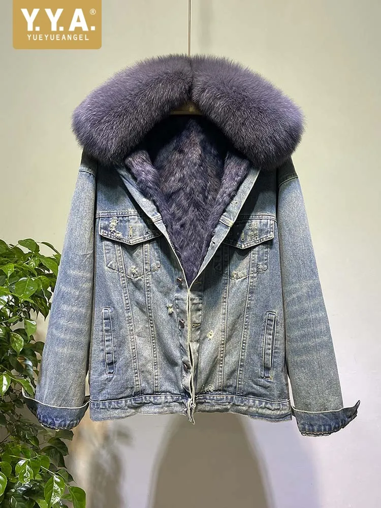 Winter Lady Real Fox Fur Collar Detachable Jacket Thick Warm Rabbit Fur Inner Denim Coat Loose Fit Batwing Sleeve Puffer Jackets