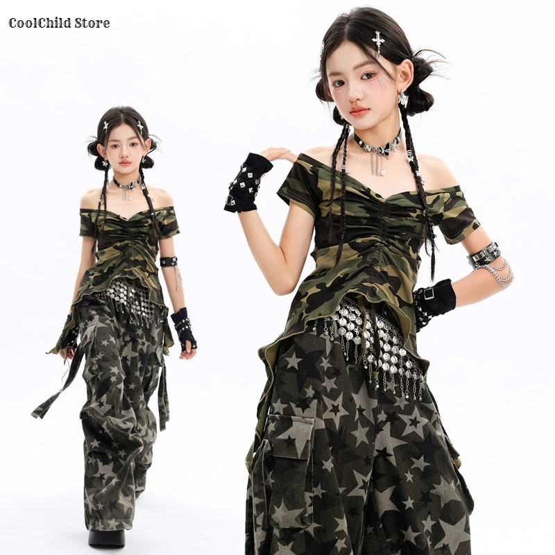Girls Hip Hop Camouflage Off-shoulder Crop Top Cargo Pants Child K-pop Streetwear Dance Costume Kids Jazz Girl Group Clothes Set