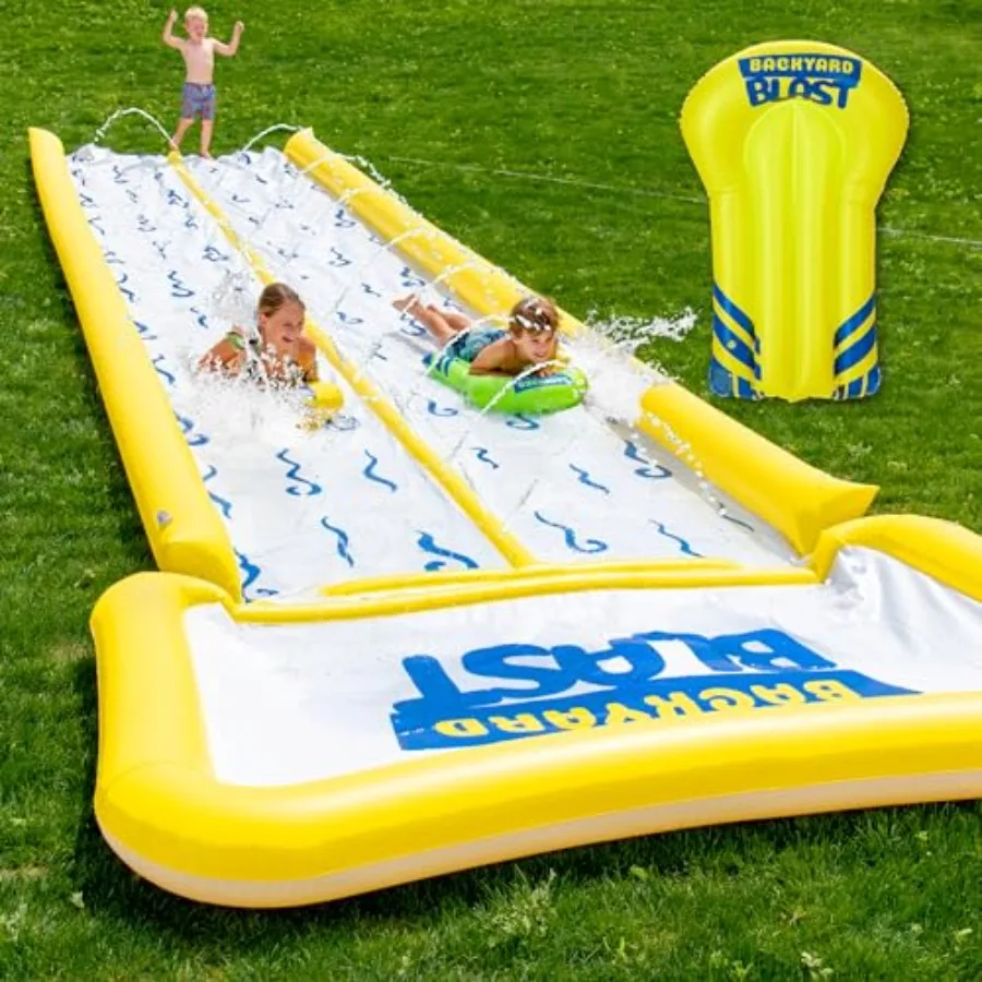 

Waterslide for backyard use, PVC material, blue and yellow, extra thick to prevent rips tears with bumpers and splash zone