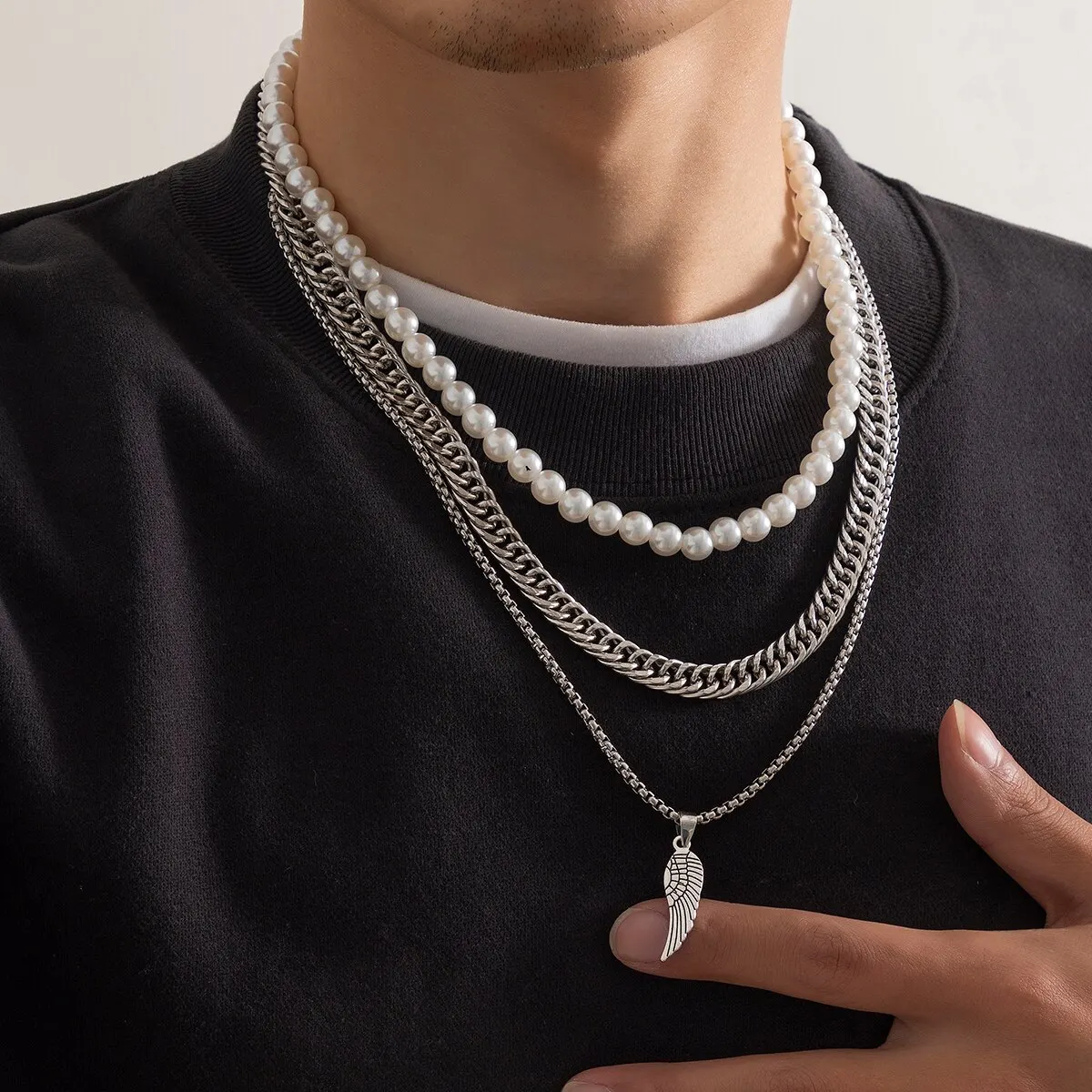 3Pcs/Set Punk Imitation-Pearl Cuban Thick Chunky Chain Necklace Goth Box Link Wings Pendant Choker Grunge Jewelry Steampunk Men