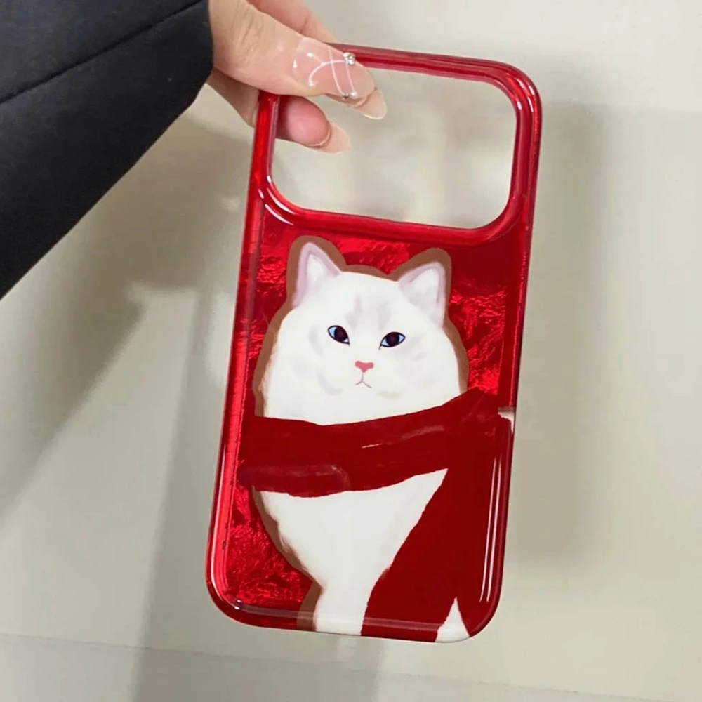 

Red Scarf White Cat Women Phone Case For Apple iPhone 17 Air 16e 16 15 14 13 11 12 Pro Max 7 8 Plus X XS XR SE Girls Cover