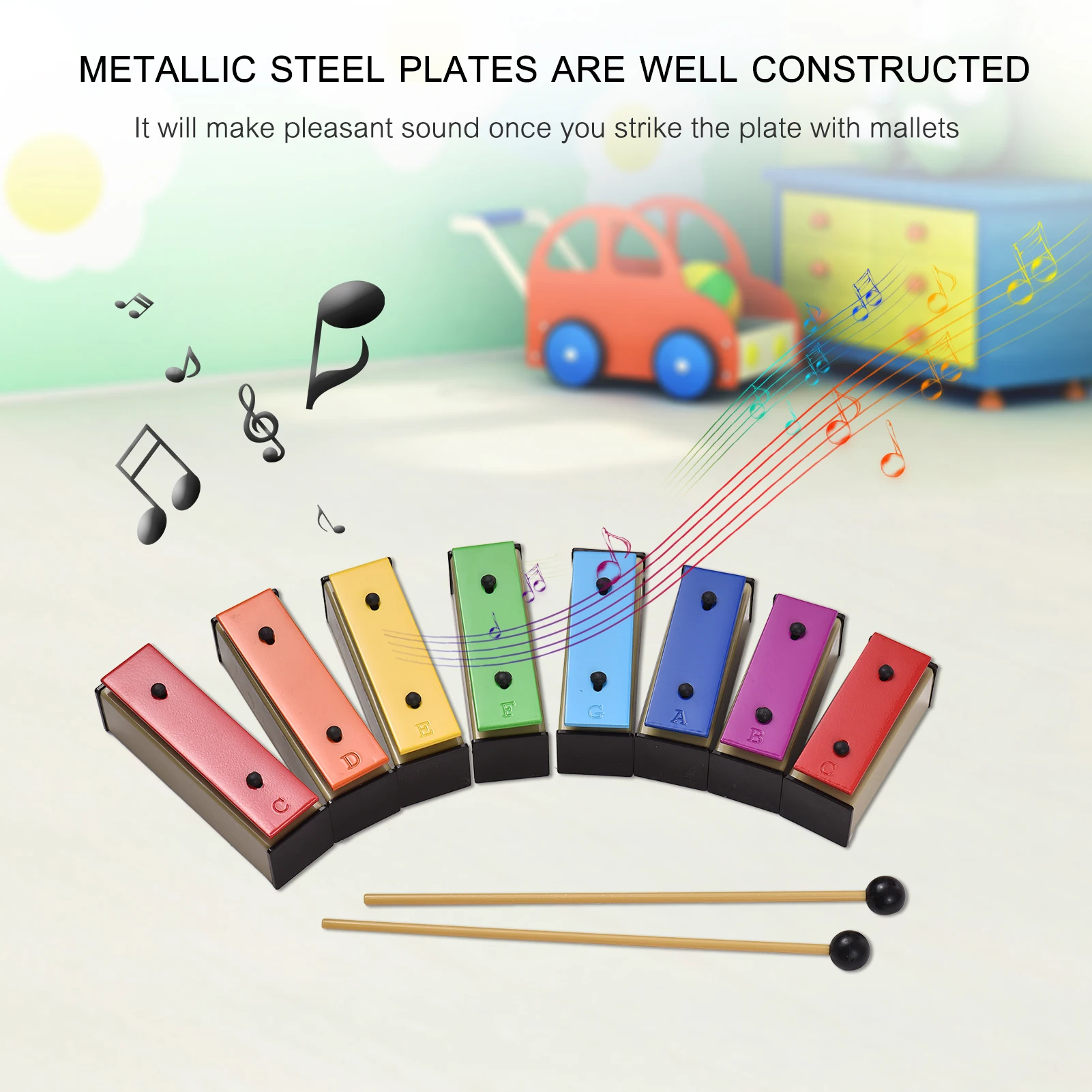 

8-note Xylophone Colorful Glockenspiel Removable Rainbow Color Metal Plates Resonator Bells with Plastic Mallets Green Case