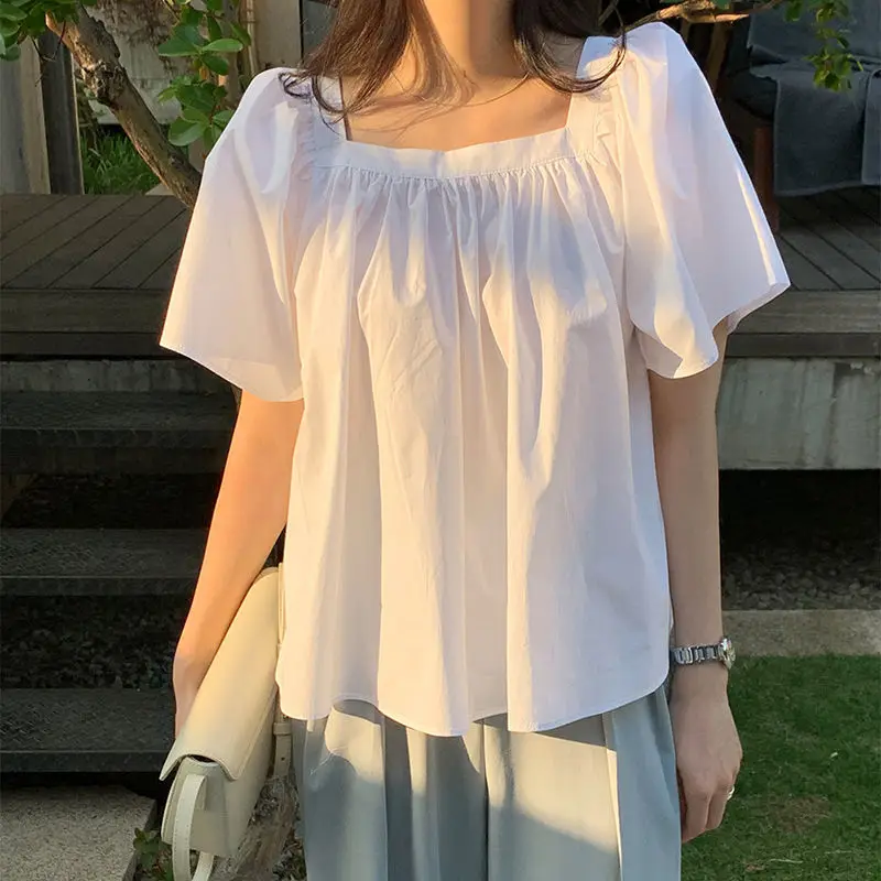 Blouses Women Square Collar Temperament Holiday Summer Lady Korean Version Casual Loose-fitting Design Elegant Blusas Stylish