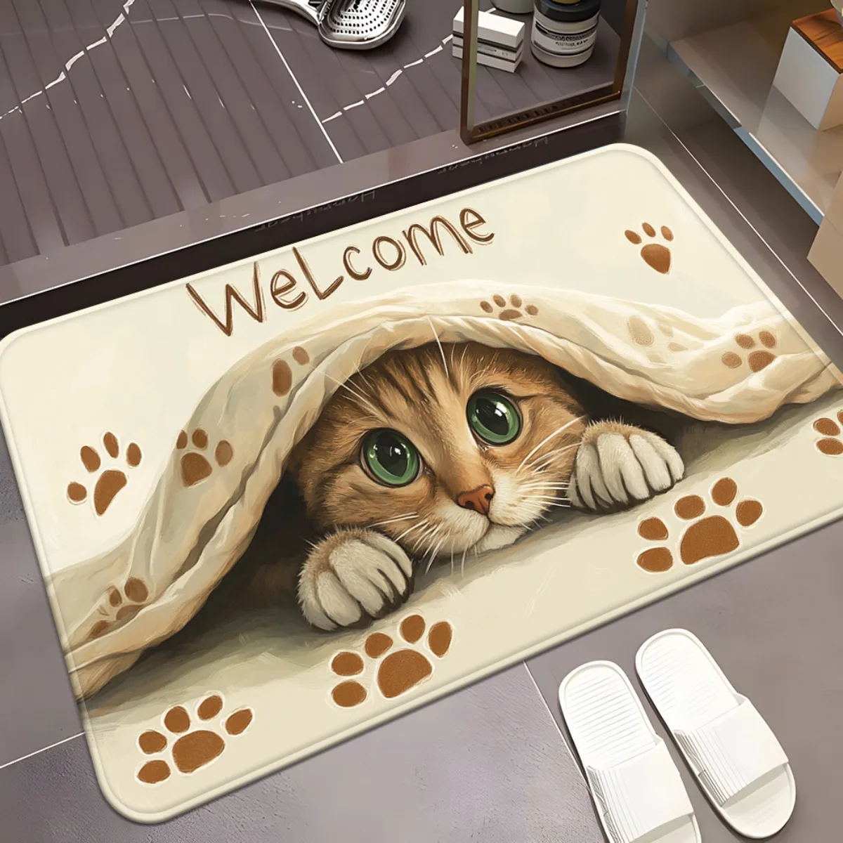 Adorable kitten under blanket welcome mat cozy animal design non slip door rug for living room entryway decor