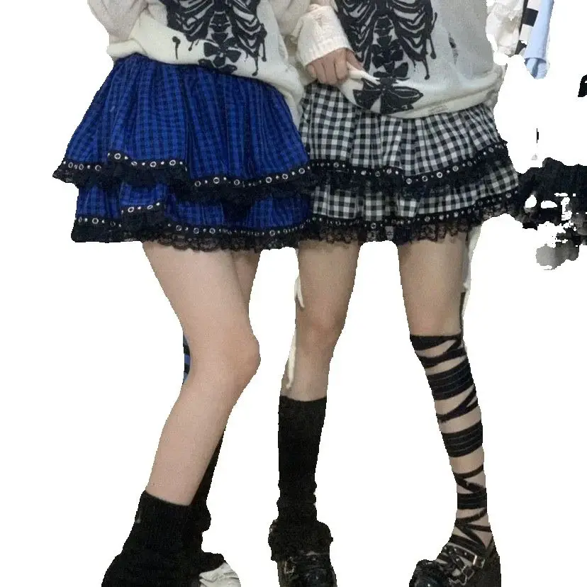 Harajuku Style Niche Subculture Plaid Willow Nail Lace Short Skirt Women'S Summer New Y2K Versatile Fluffy Cake Skirt