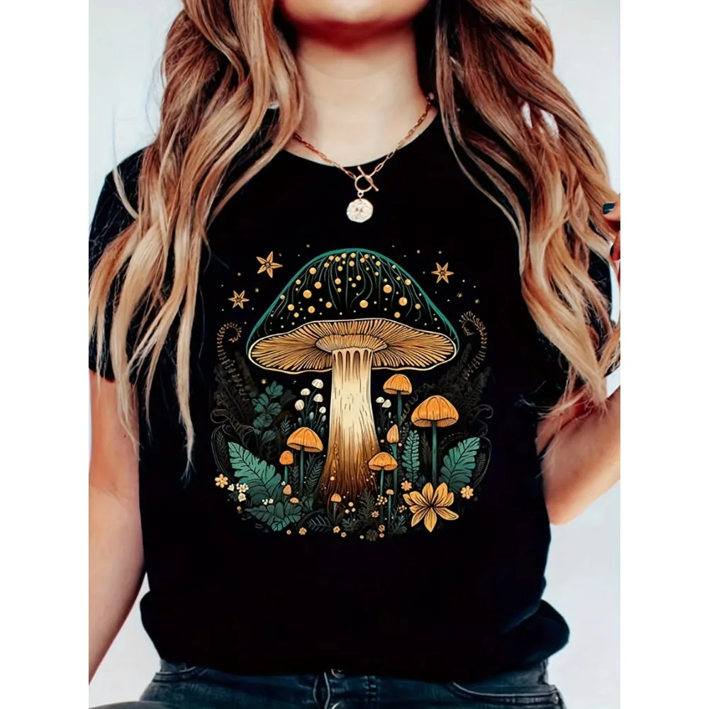 Women Men Whimsical Mushroom Forest T-shirt - Enchanted Design Casual Black Top Women Clothing Fashion Summer Streetwear Y2K Top