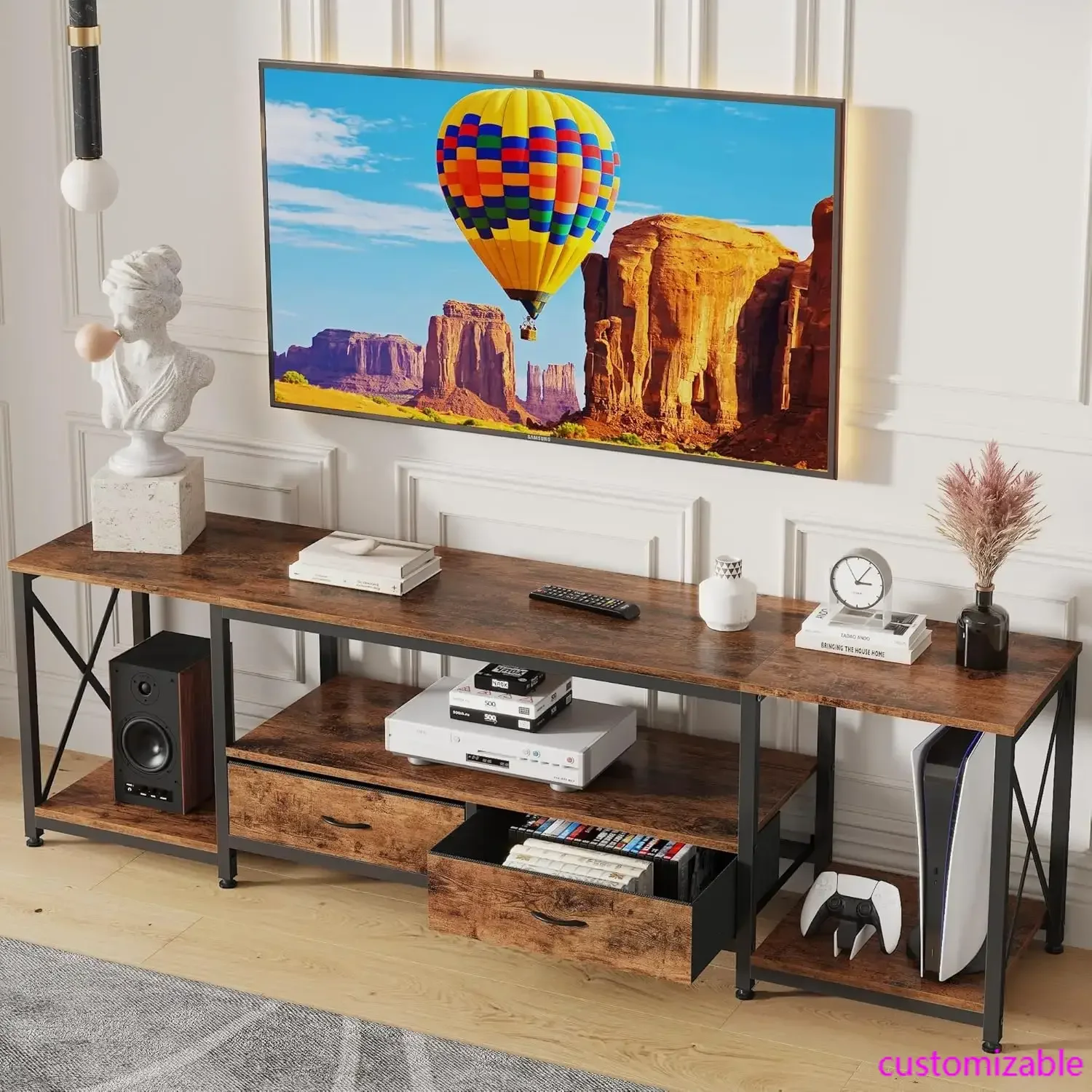 TV Stand with Fabric Drawers for 65 70 75 Inches TV - Entertainment Center and Industrial TV Console Table with Open Storage