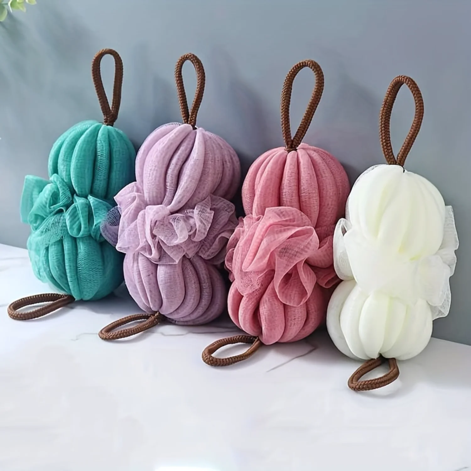 Mesh Shower Sponge Pouf, Dual-Ball Loofah Body Exfoliator, Bath Sponge Ball With Braided Rope For Easy Hanging, Soft And Gentle 